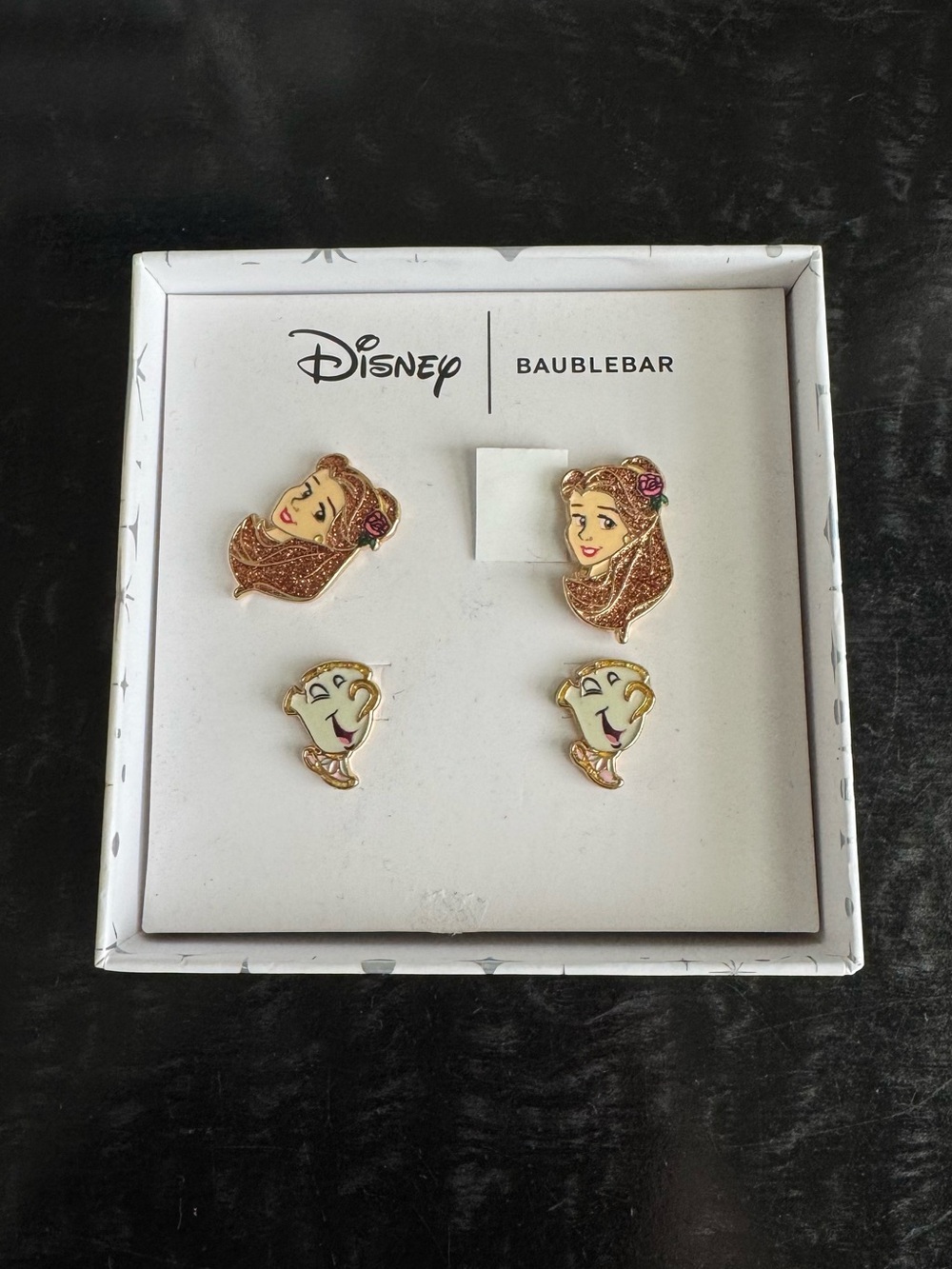 BaubleBar Disney Belle & Chip Enamel Stud Earrings - Gold and Pink